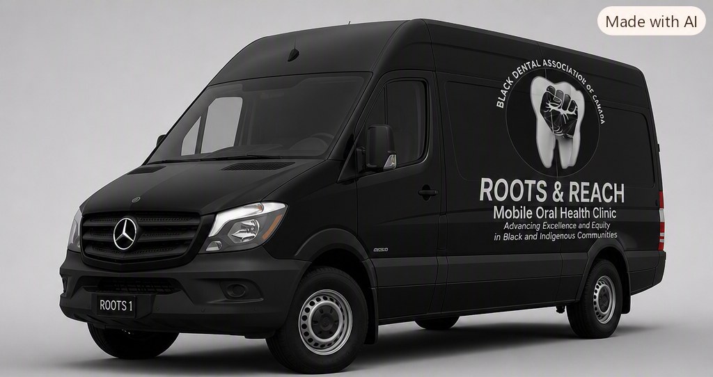 Concept rendering of the Roots & Reach mobile oral health clinic: a black Mercedes-Benz Sprinter van wrapped with the BDAOC logo